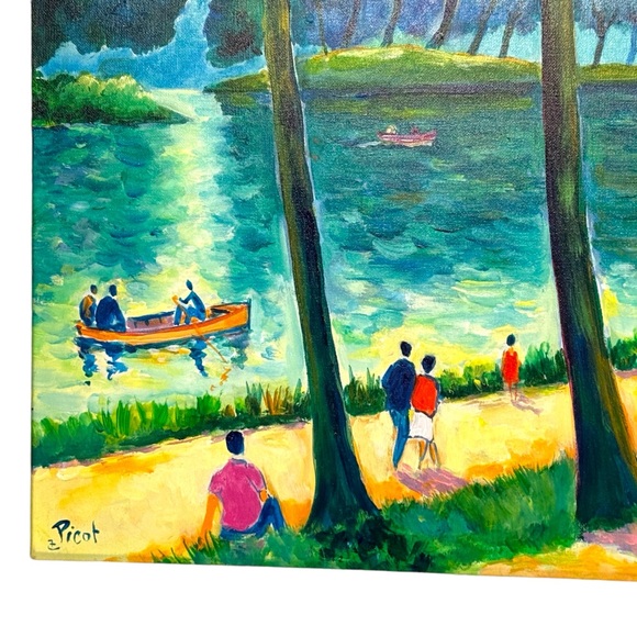 - Jean Claude Picot Signed gallery canvas Oil painting Canotage Sur Le La… - Picture 3 of 6